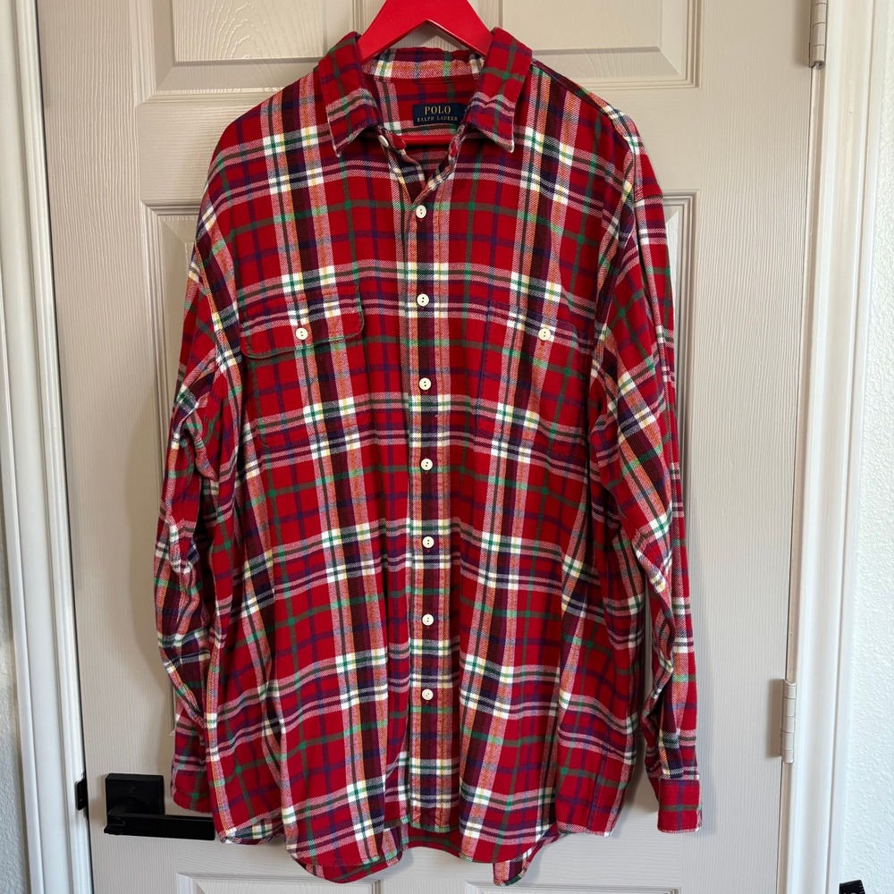 Polo Ralph Lauren Mens 2XLT Red Plaid Flannel Button Down Shirt Preppy Classic